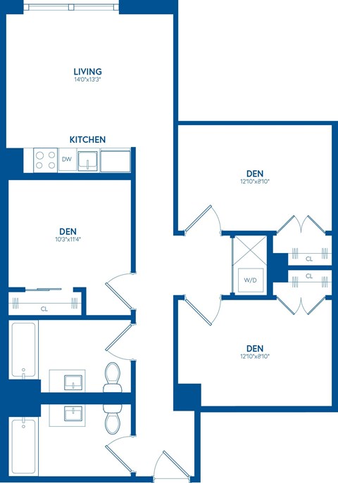Floor plan for 3 beds, 2 baths, 925 sqft